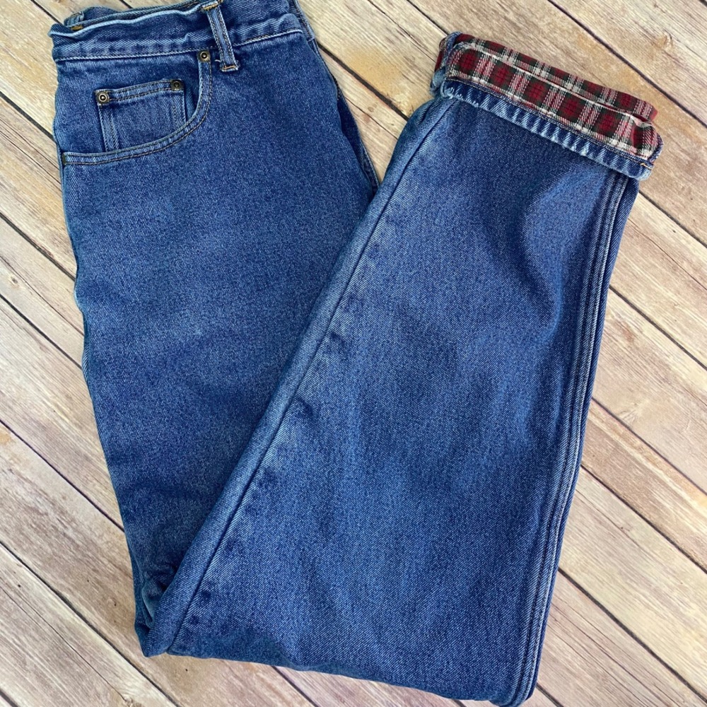VTG Eddie Bauer Flannel Lined Denim Jeans Tall Grande Size 14 100% Cotton Plaid